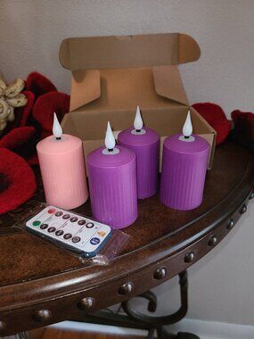 4 Pc Flameless Advent Pillar LED Candles With Remote Purple Pink NEW